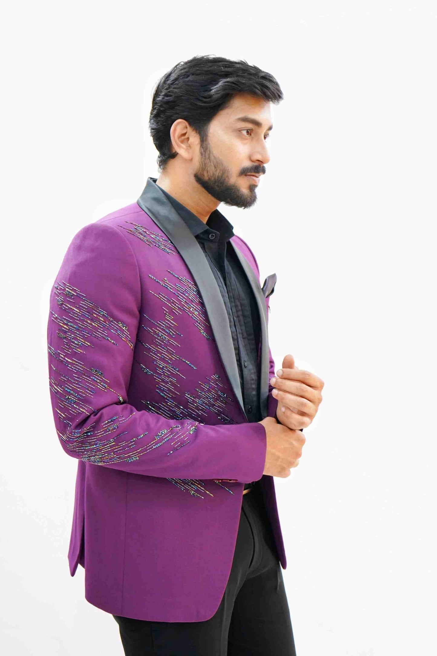 Plum Purple Shawl Lapel Embellished Tuxedo