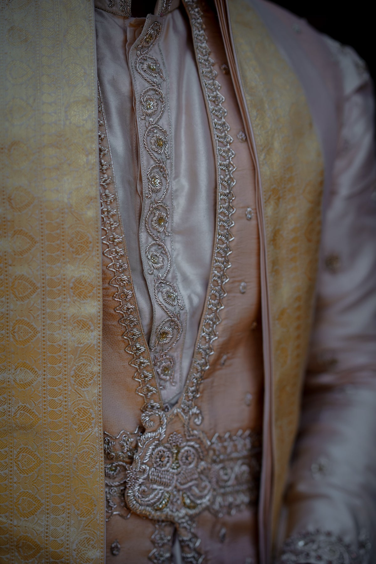 Men’s cream embroidered sherwani with zari detailing and stole for traditional wedding and festive ethnic wear