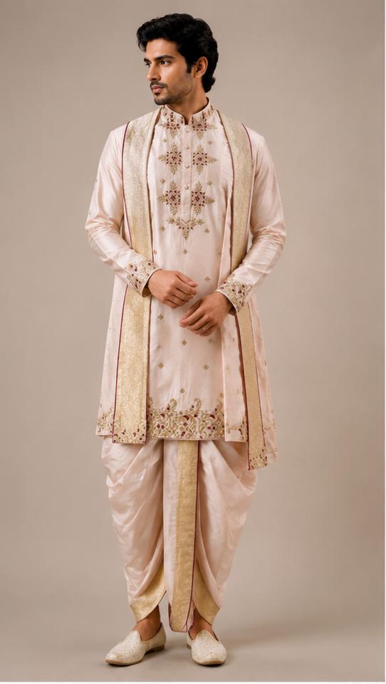 Blush Pink Embroidered Kurta Dhoti  (Royal Heritage)