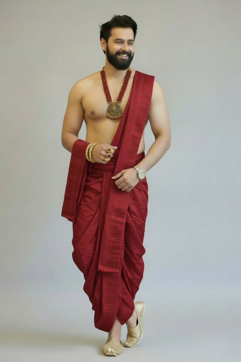 Men’s Traditional Red Silk Dhoti with Angavastram & Ivory Kurta Set | South Indian Wedding Ethnic Wear