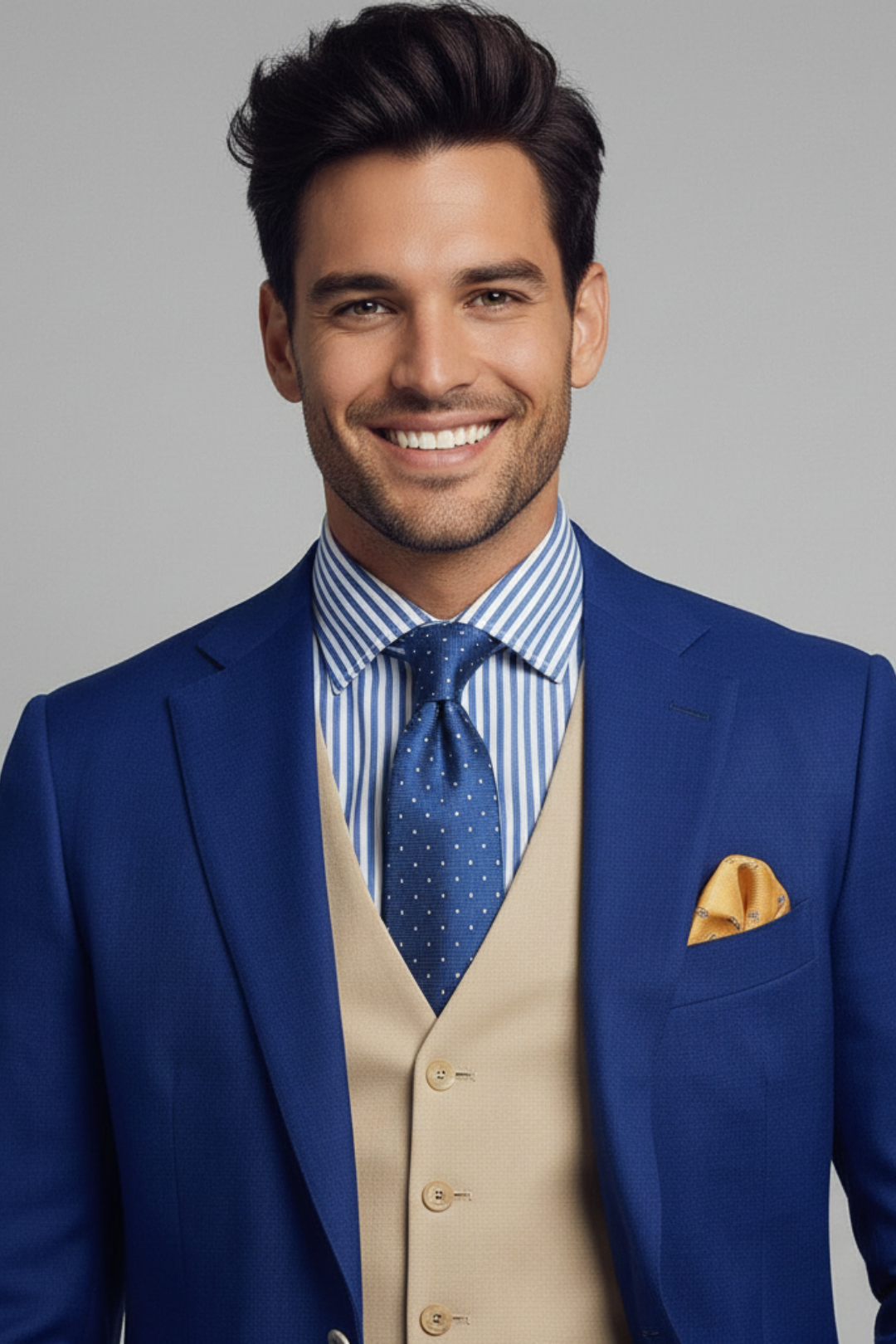 Man wearing a blue suit with a beige vest and striped shirt, smiling against a gray background