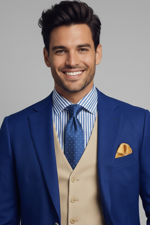 Man wearing a blue suit with a beige vest and striped shirt, smiling against a gray background