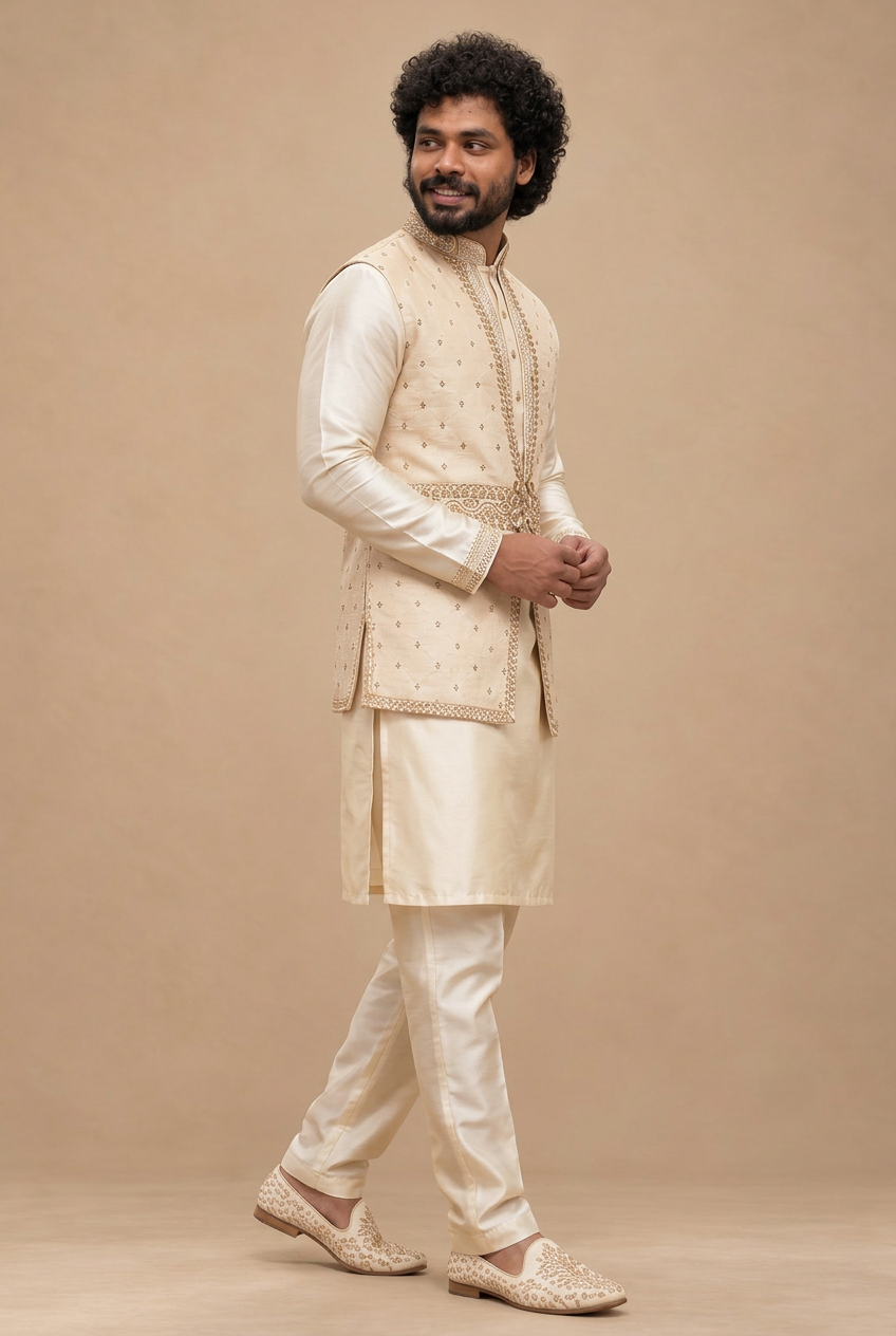 Champagne Gold Embroidered Nehru Jacket  (Royal Champagne)