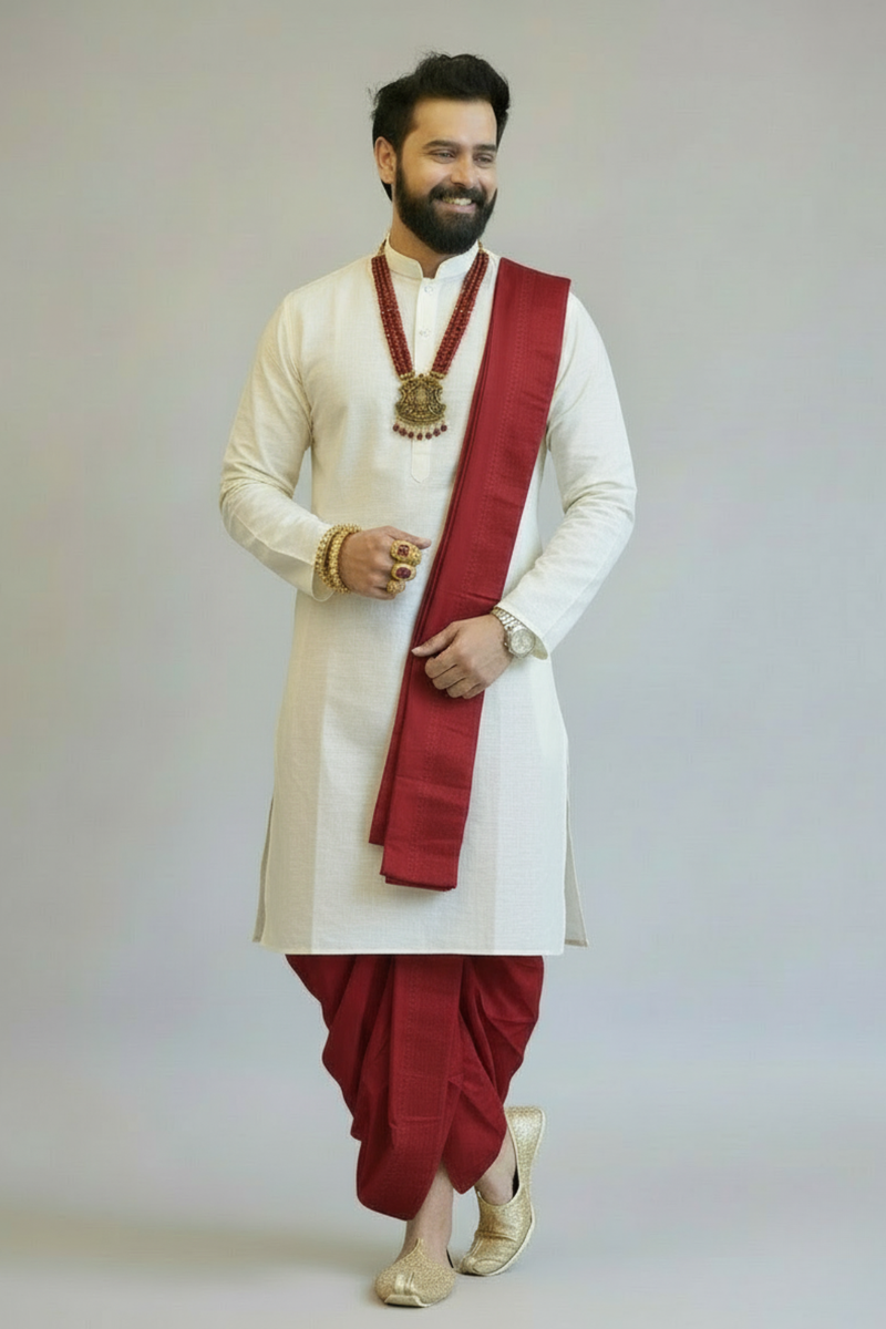 Men’s Traditional Red Silk Dhoti with Angavastram & Ivory Kurta Set | South Indian Wedding Ethnic Wear