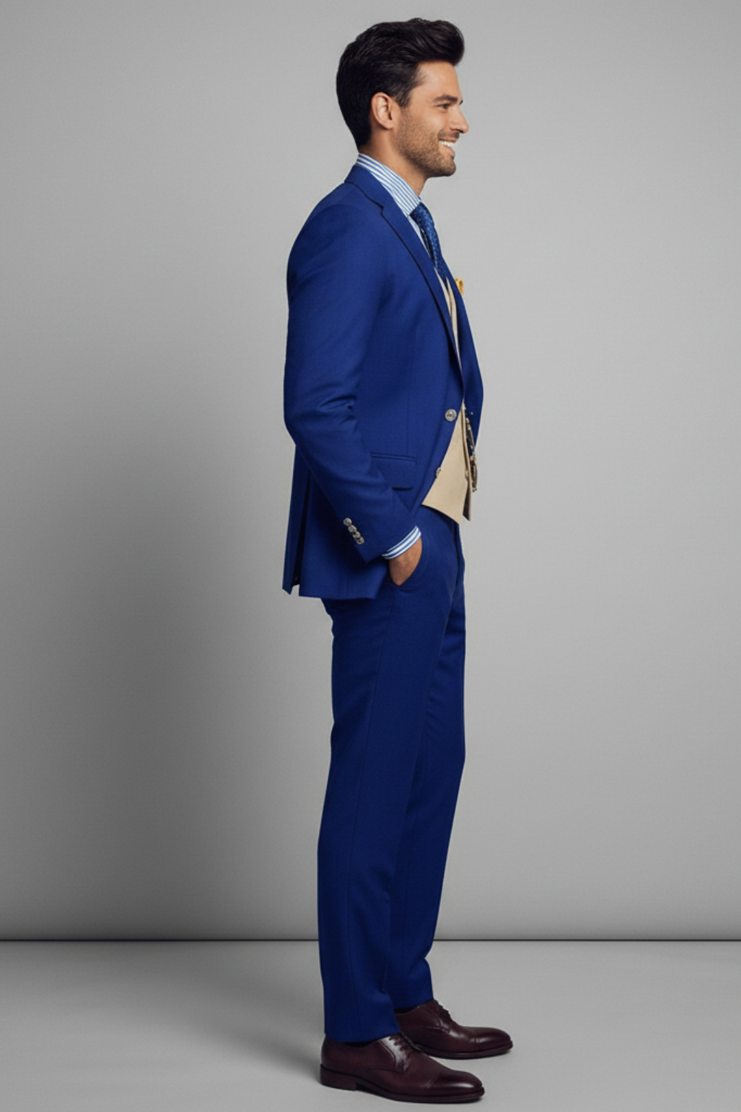Man wearing a blue suit with a gray background