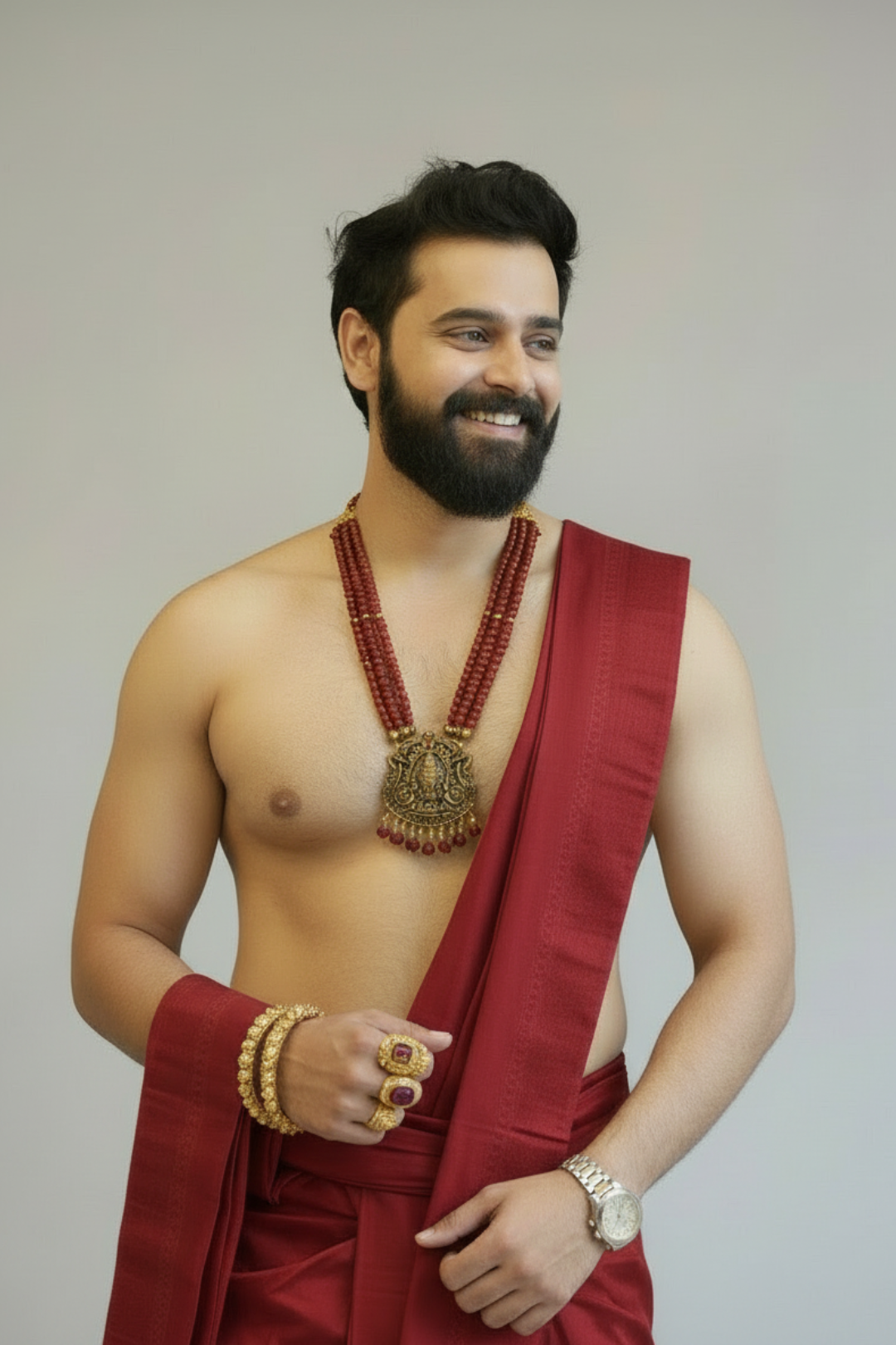 Man wearing a red dhoti with gold jewelry against a plain background