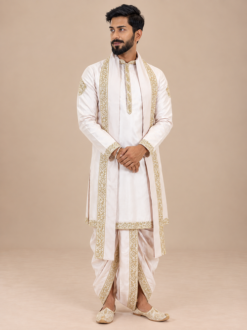 Ivory Embroidered Kurta Set with Traditional Dhoti & Gold Zari Stole for Men – Wedding & Festive Ethnic Wear