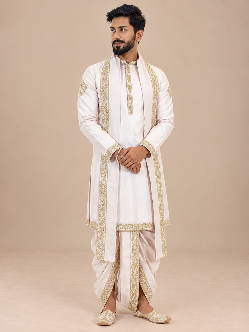 Ivory Embroidered Kurta Set with Traditional Dhoti & Gold Zari Stole for Men – Wedding & Festive Ethnic Wear