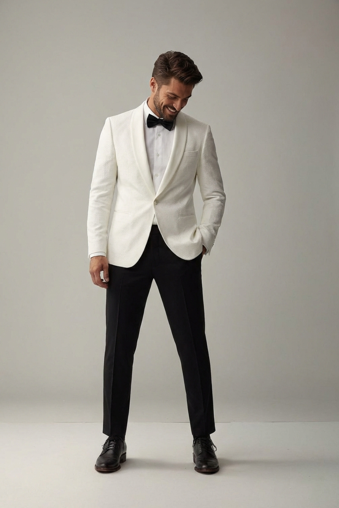 Men’s White Blazer with Black Trousers – Slim Fit Formal Evening Suit