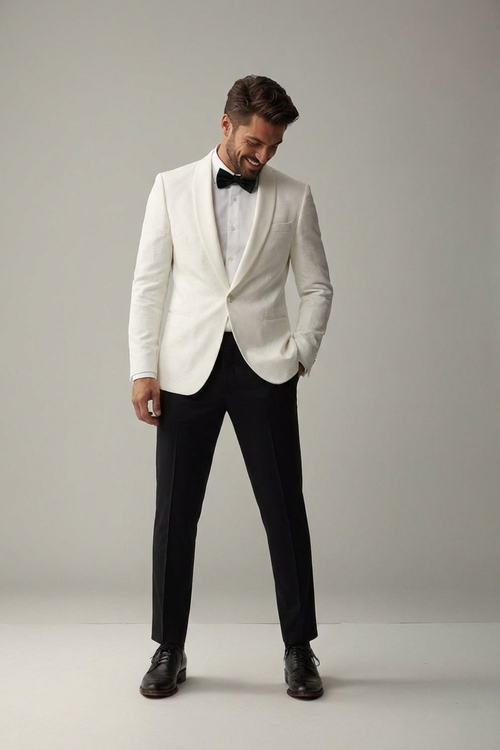 Men’s White Blazer with Black Trousers – Slim Fit Formal Evening Suit