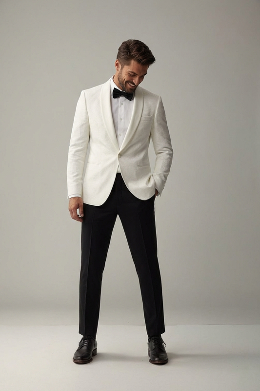 Men’s White Blazer with Black Trousers – Slim Fit Formal Evening Suit