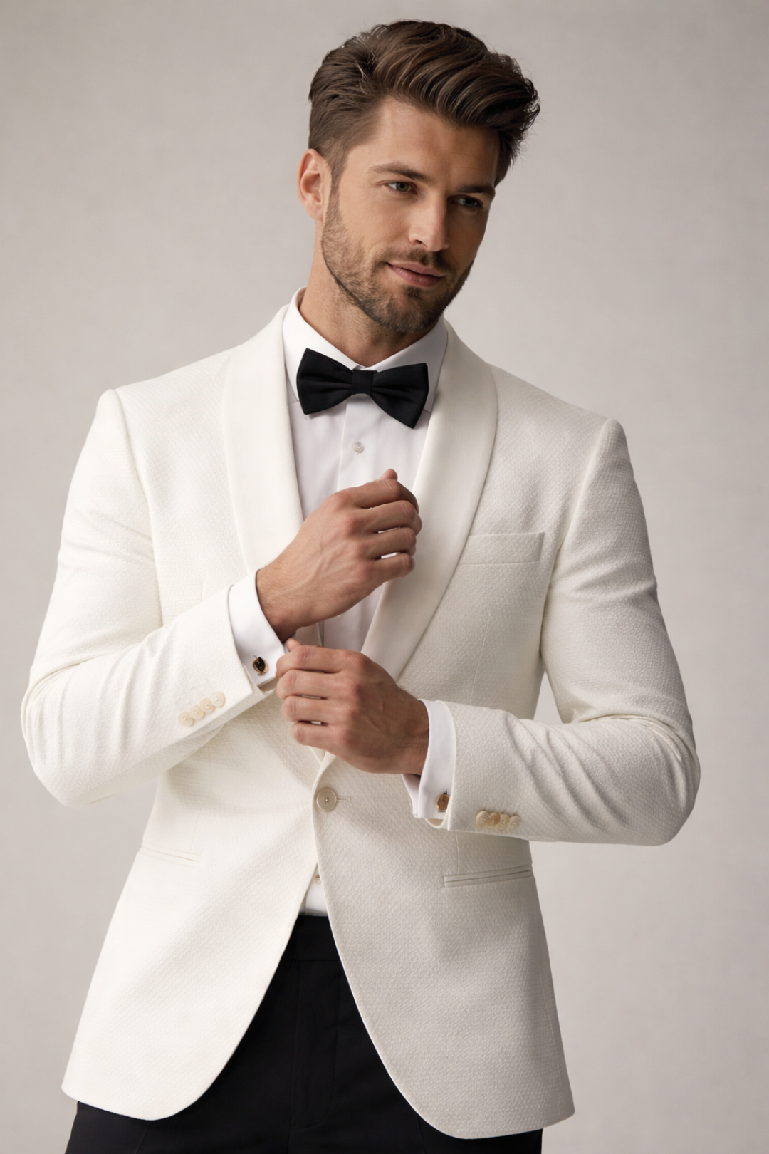 Men’s White Blazer with Black Trousers – Slim Fit Formal Evening Suit