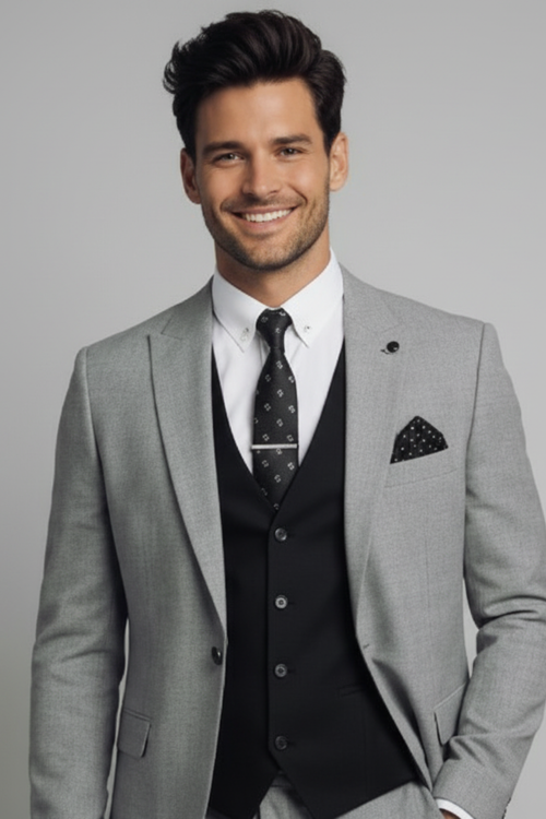 Man wearing a gray suit with a black vest and tie on a gray background