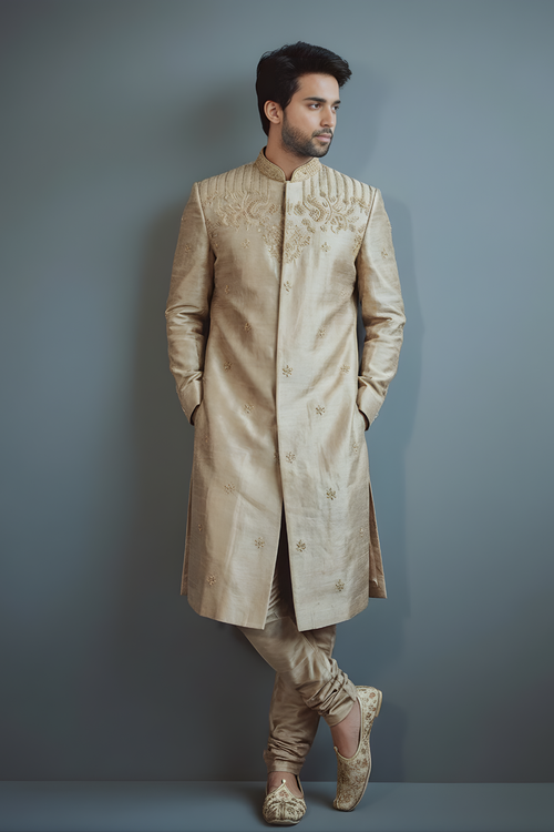 Man wearing a beige sherwani against a gray background