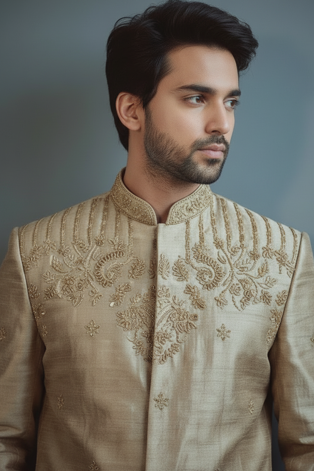 Man wearing a beige embroidered traditional outfit against a gray background