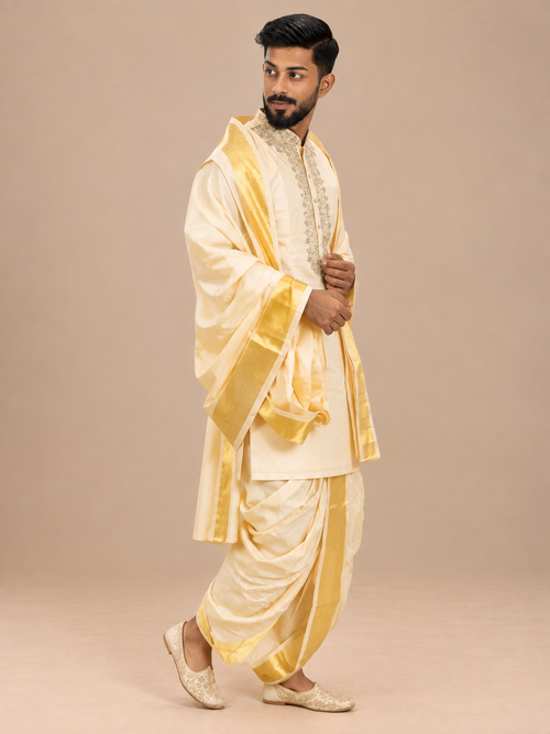 Golden Silk Embroidered Kurta for Men with Zari Work – Luxury Wedding & Festive Ethnic Wear