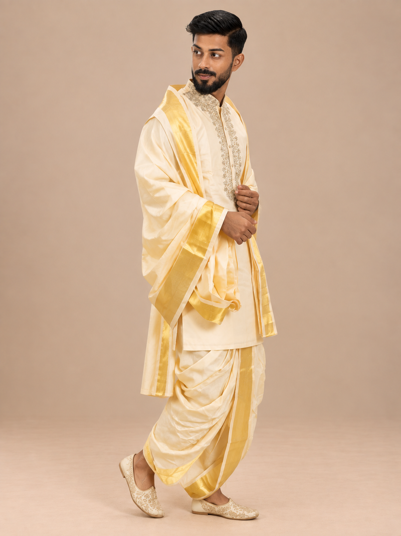 Golden Silk Embroidered Kurta for Men with Zari Work – Luxury Wedding & Festive Ethnic Wear