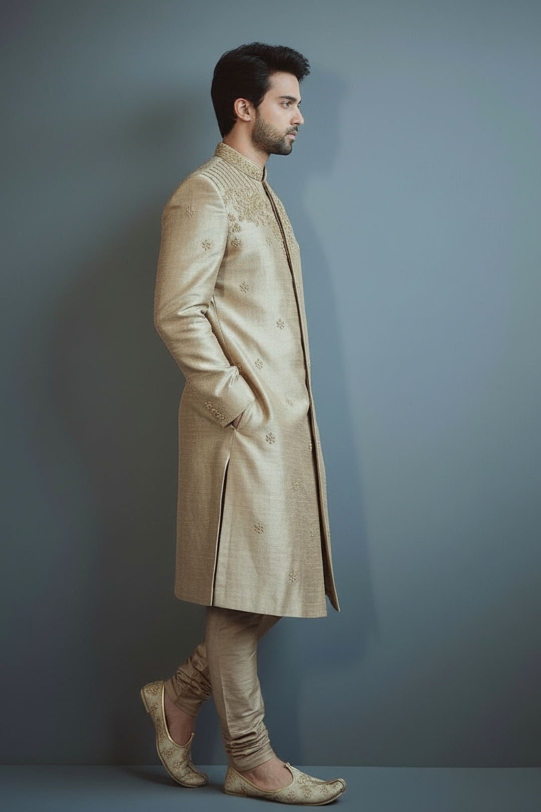 Man wearing a beige traditional outfit against a gray background