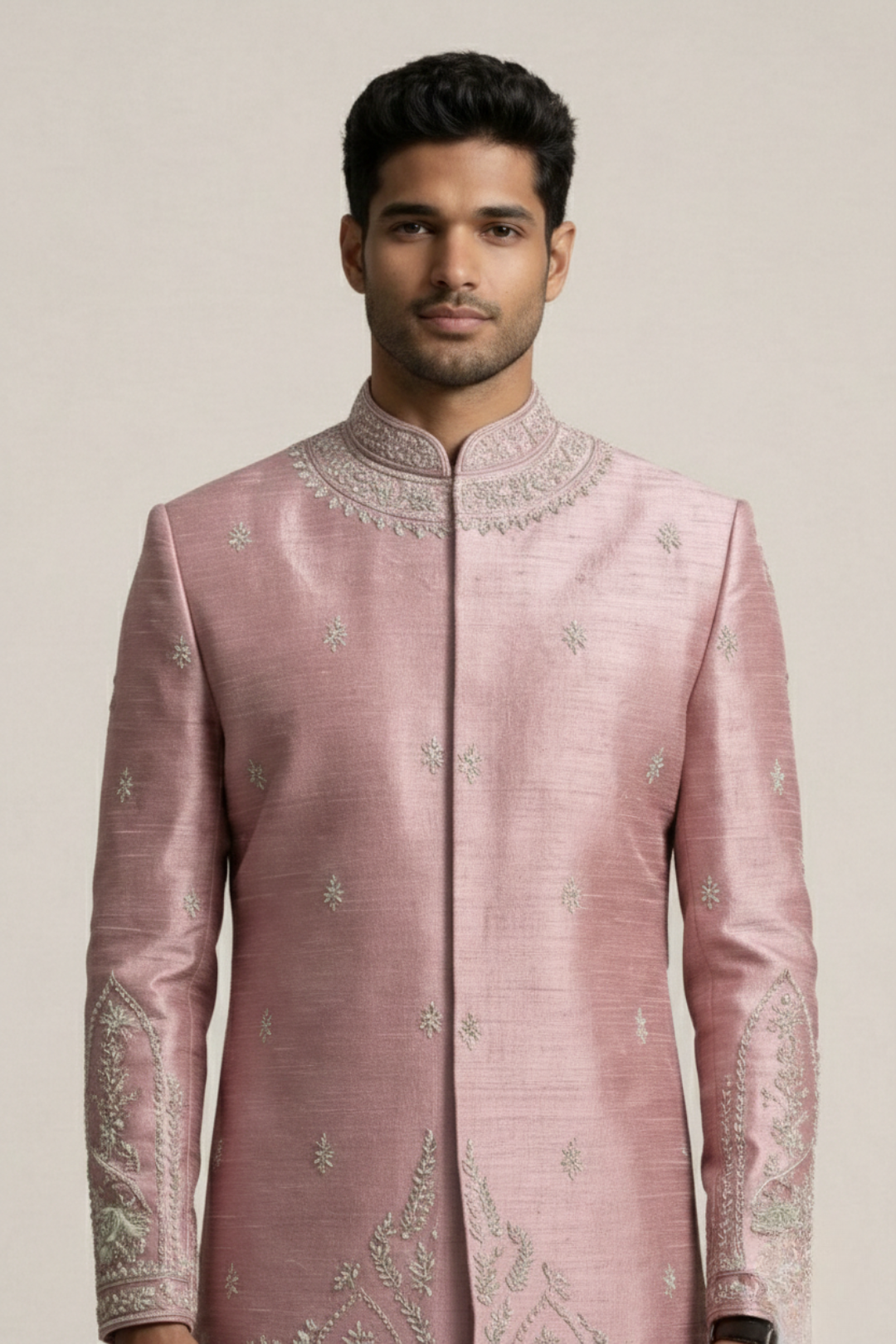 Mauve Raw Silk Sherwani with Silver Architectural Embroidery & Churidar