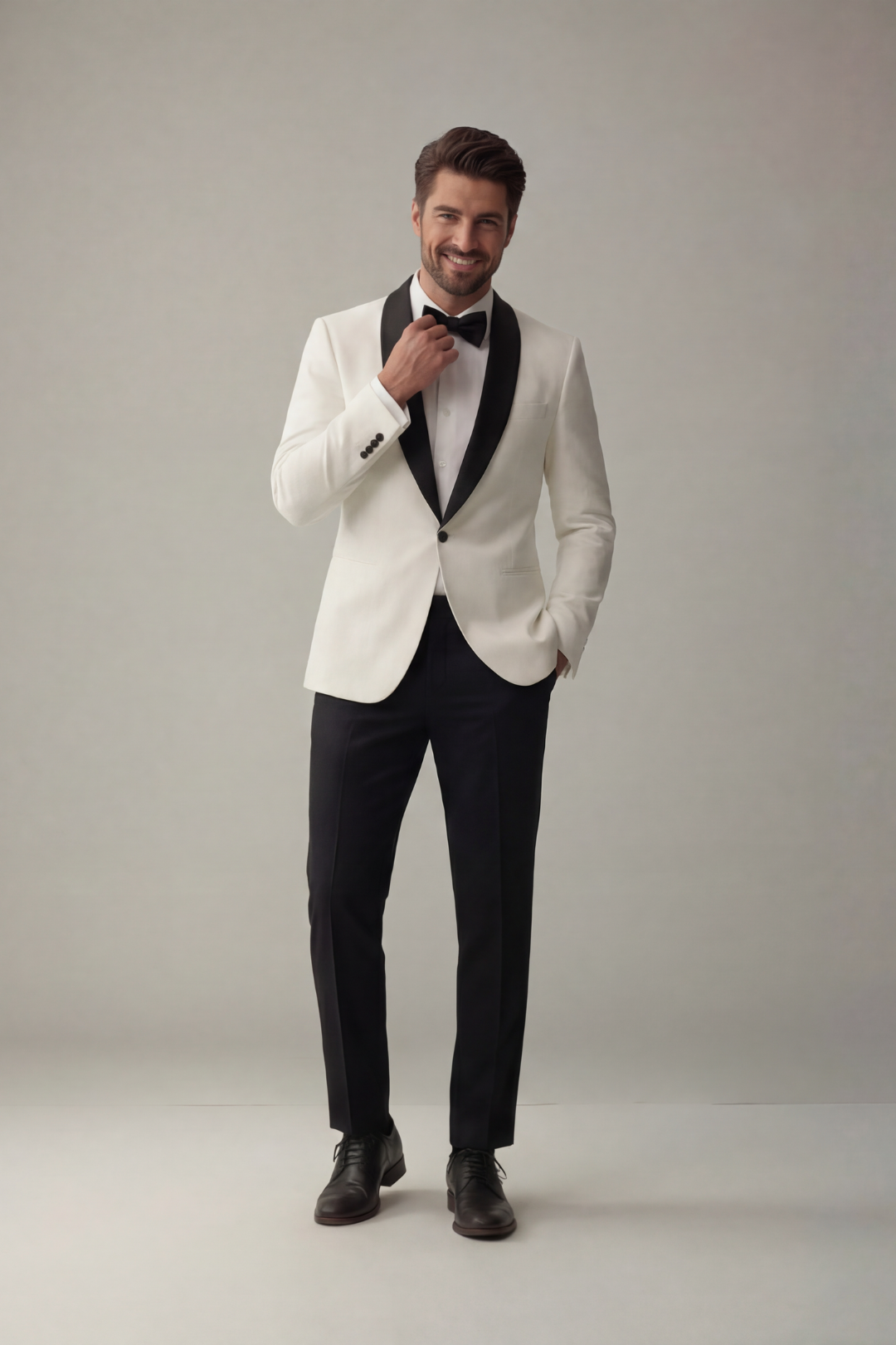 Men’s White Tuxedo Blazer with Black Satin Lapel – Slim Fit Formal Evening Suit