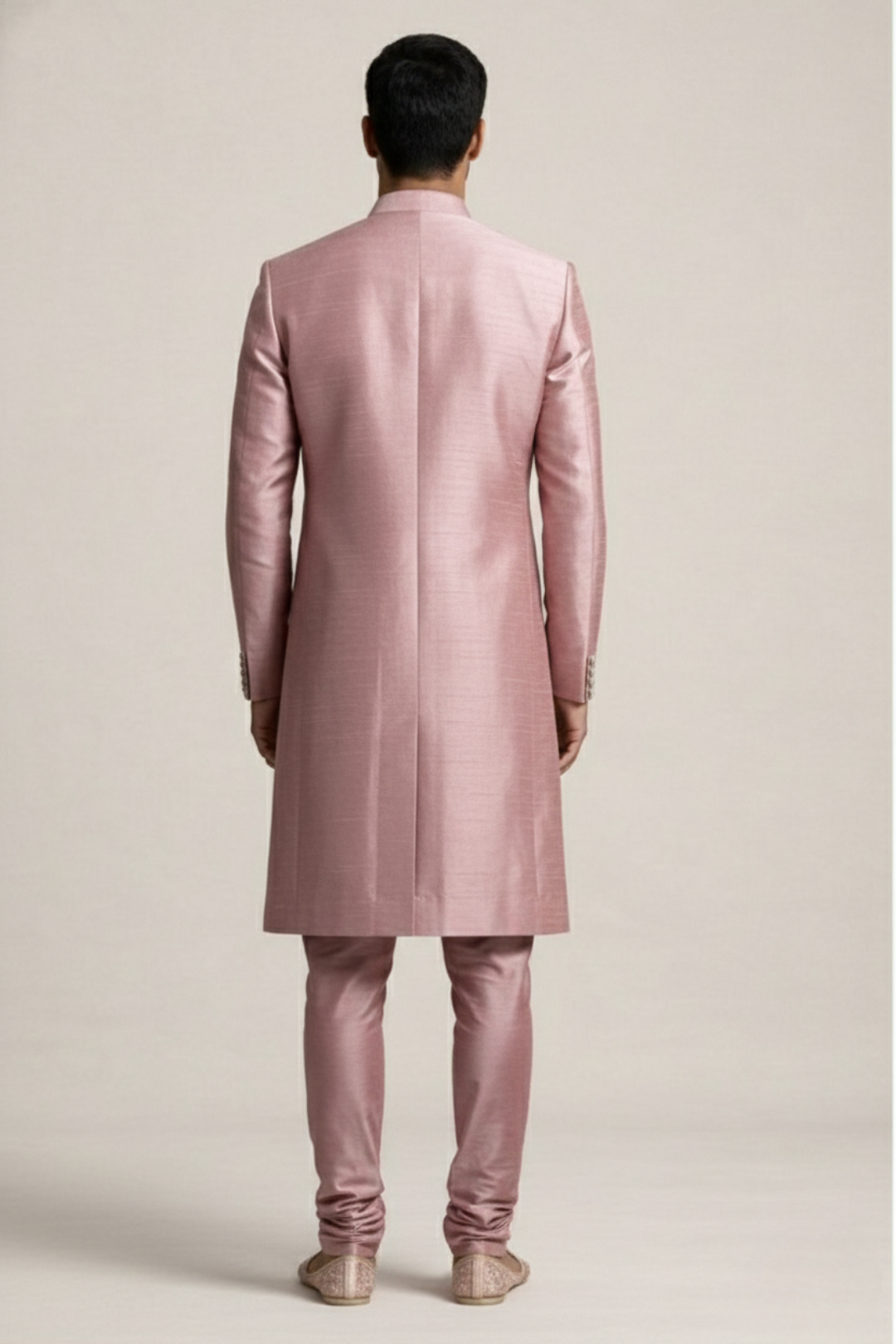 Mauve Raw Silk Sherwani with Silver Architectural Embroidery & Churidar