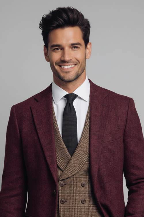 Man wearing a burgundy suit with a brown vest and black tie on a gray background