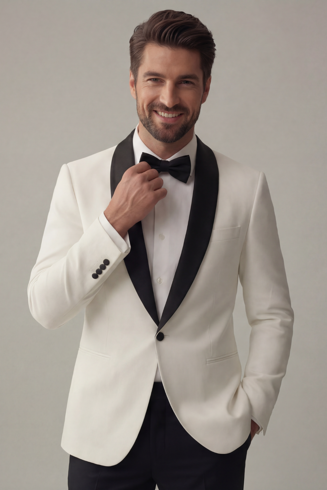 Men’s White Tuxedo Blazer with Black Satin Lapel – Slim Fit Formal Evening Suit