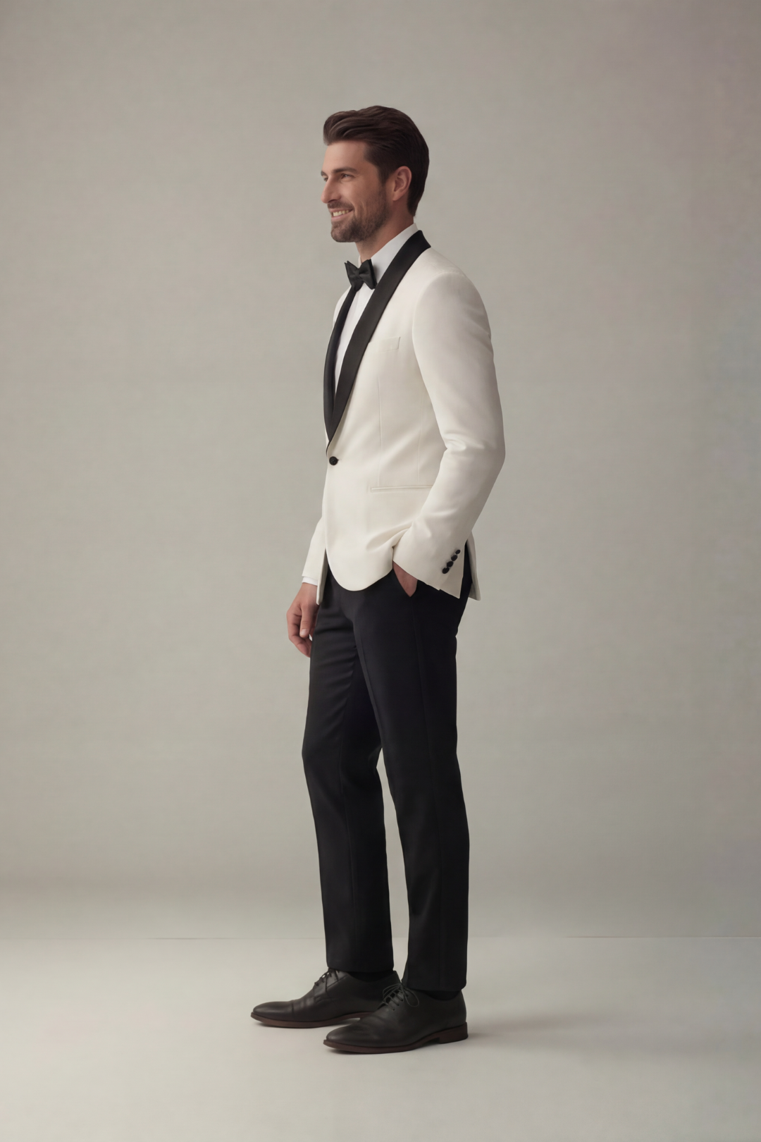 Men’s White Tuxedo Blazer with Black Satin Lapel – Slim Fit Formal Evening Suit