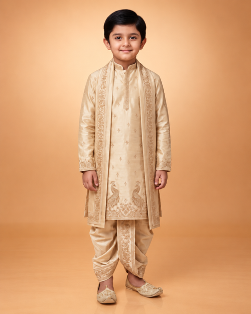 Boys Royal Ivory Peacock 3-Piece Dhoti Set