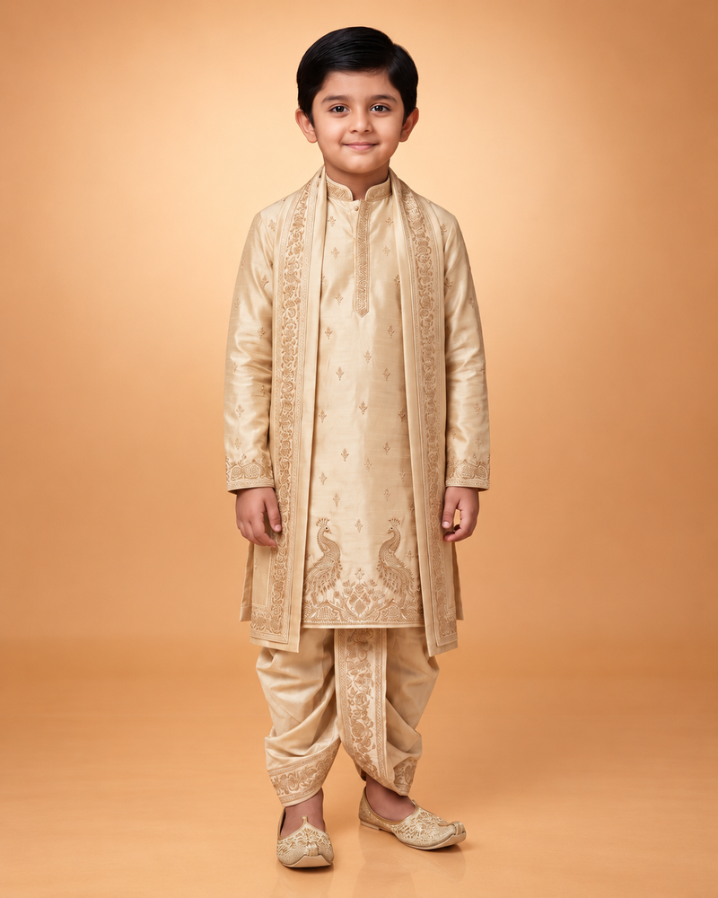 Boys Royal Ivory Peacock 3-Piece Dhoti Set