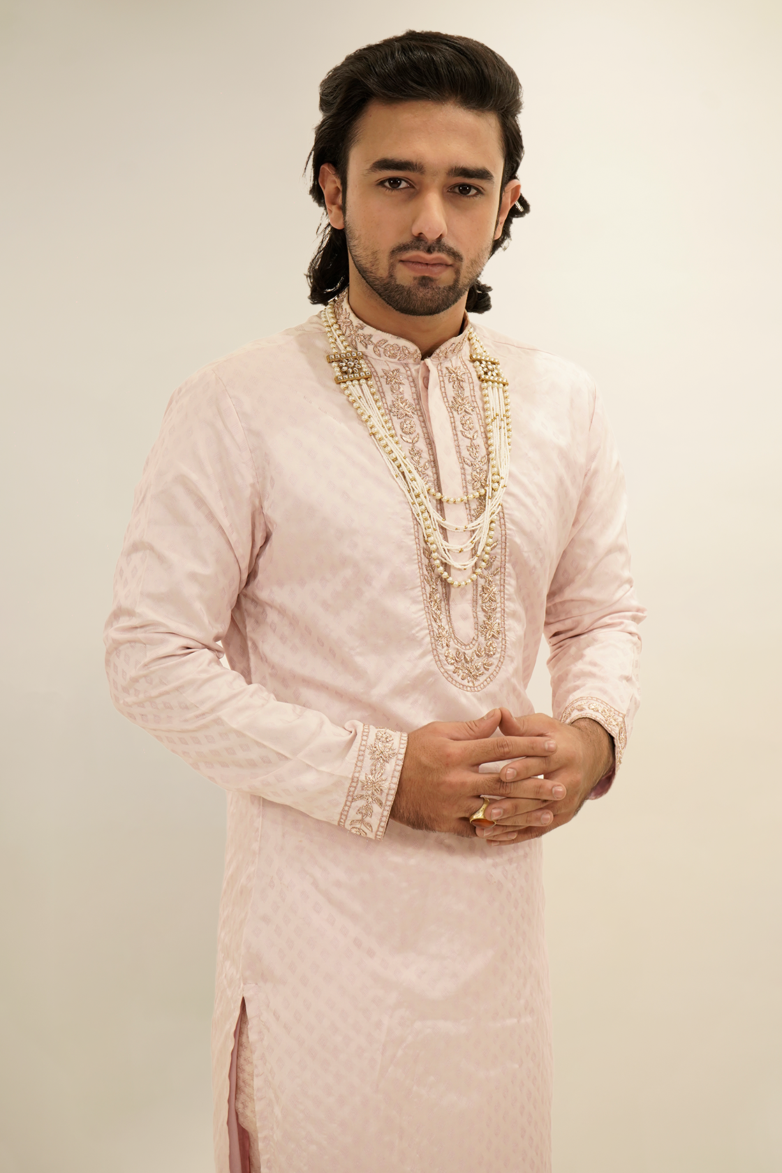 Floral Embroided Texture Pattu Kurta Set