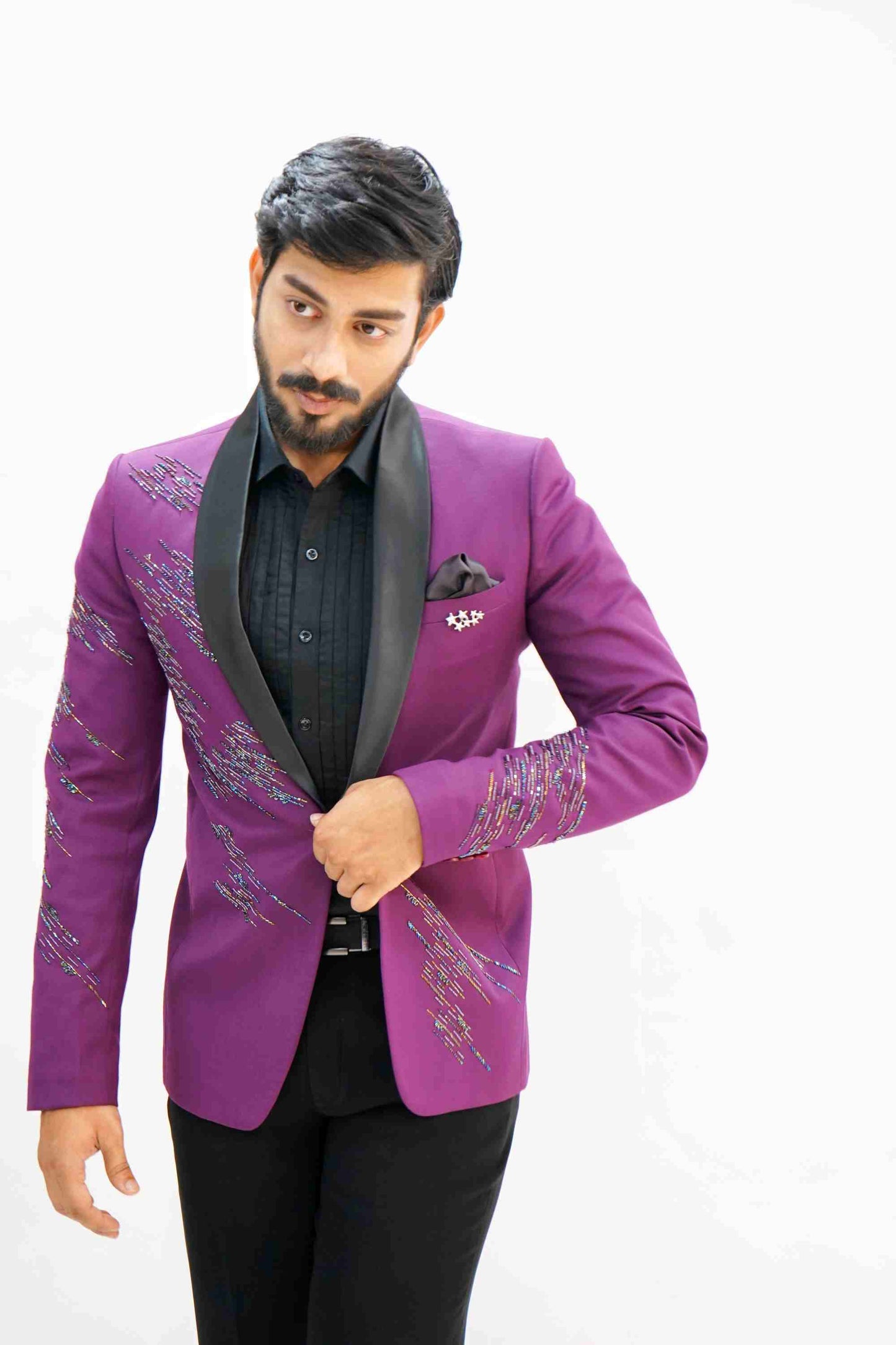 Plum Purple Shawl Lapel Embellished Tuxedo