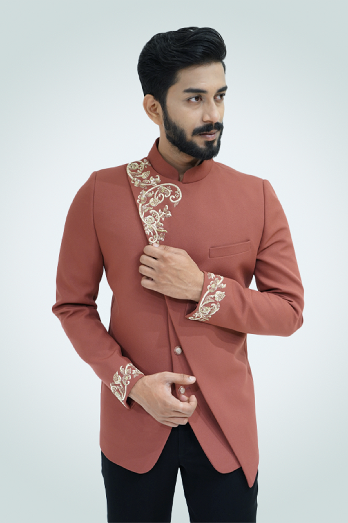 Dusty Rose Indo-Western Sherwani with Embroidered Detailing