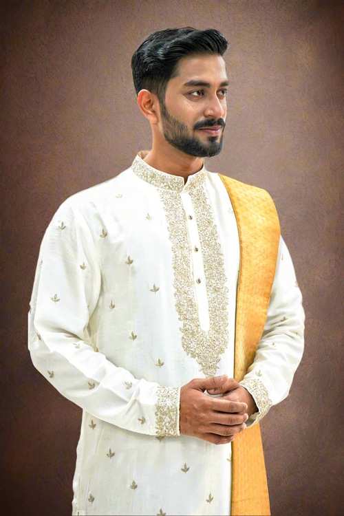 A man wearing a light cream silk kurta with Zari embroidery, paired with a matching dhoti and stole.