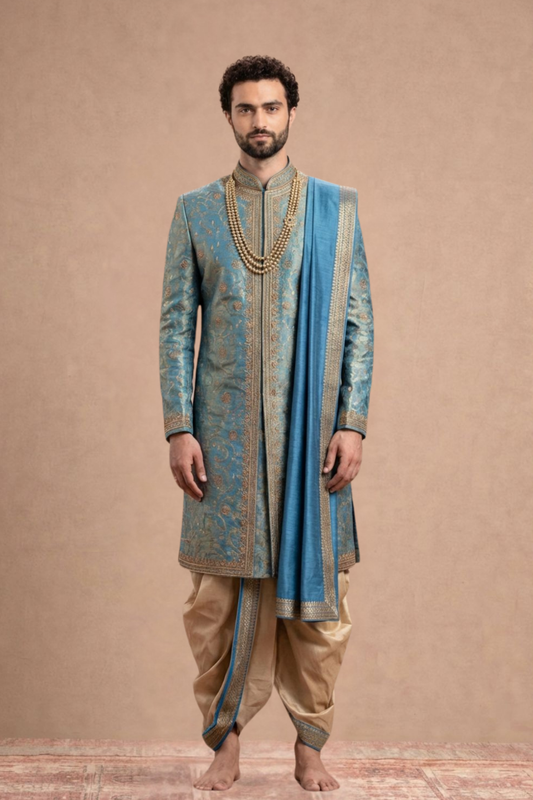 Luxurious Teal Blue Zari Embroidered Sherwani