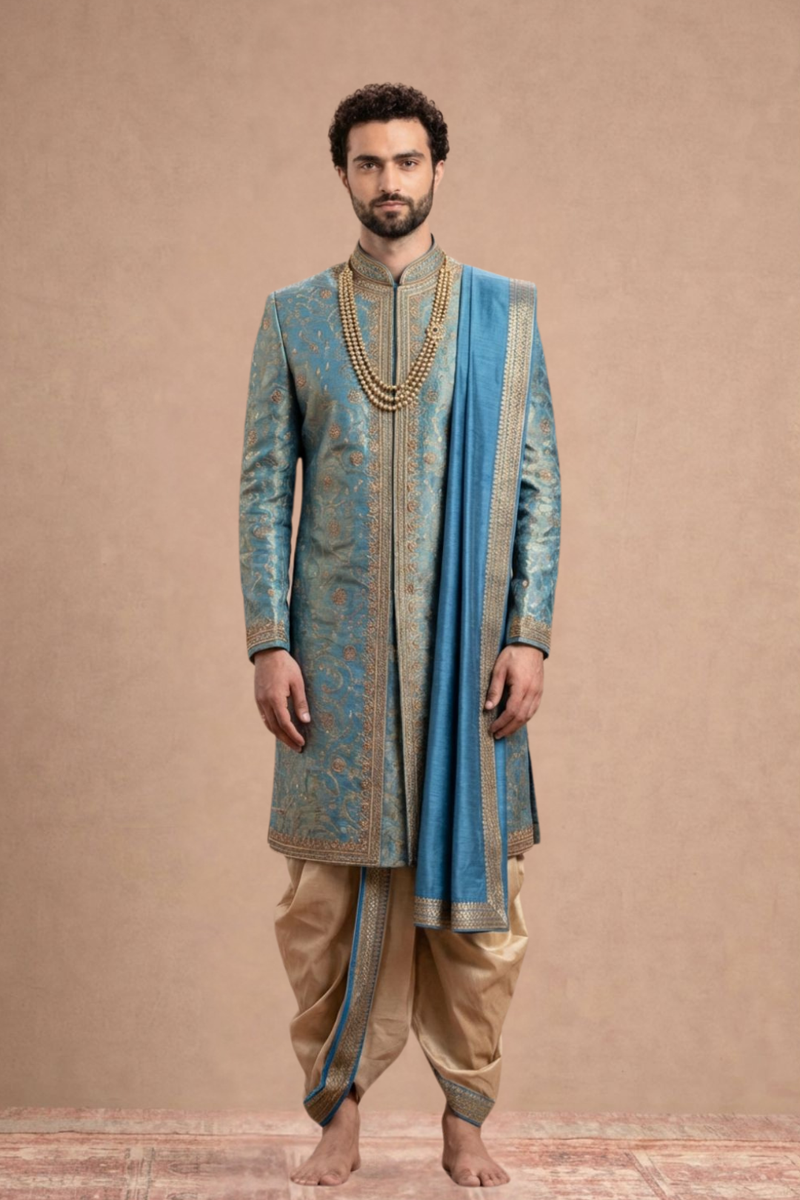 Luxurious Teal Blue Zari Embroidered Sherwani
