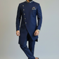 Men’s Navy Blue Self-Textured Indo Western Sherwani Set with Designer Collar & Asymmetric Button Detail