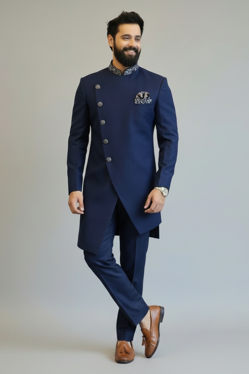 Men’s Navy Blue Self-Textured Indo Western Sherwani Set with Designer Collar & Asymmetric Button Detail