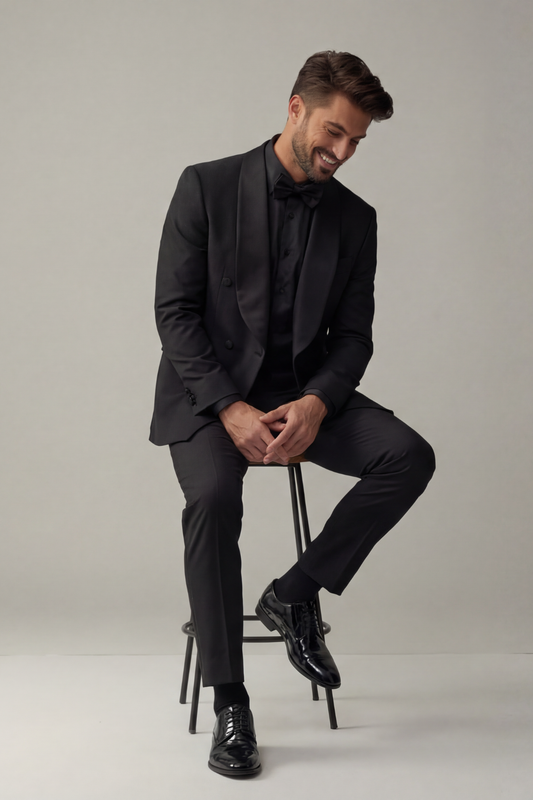 Men’s All-Black Tuxedo Suit – Slim Fit Satin Lapel Formal Evening Wear