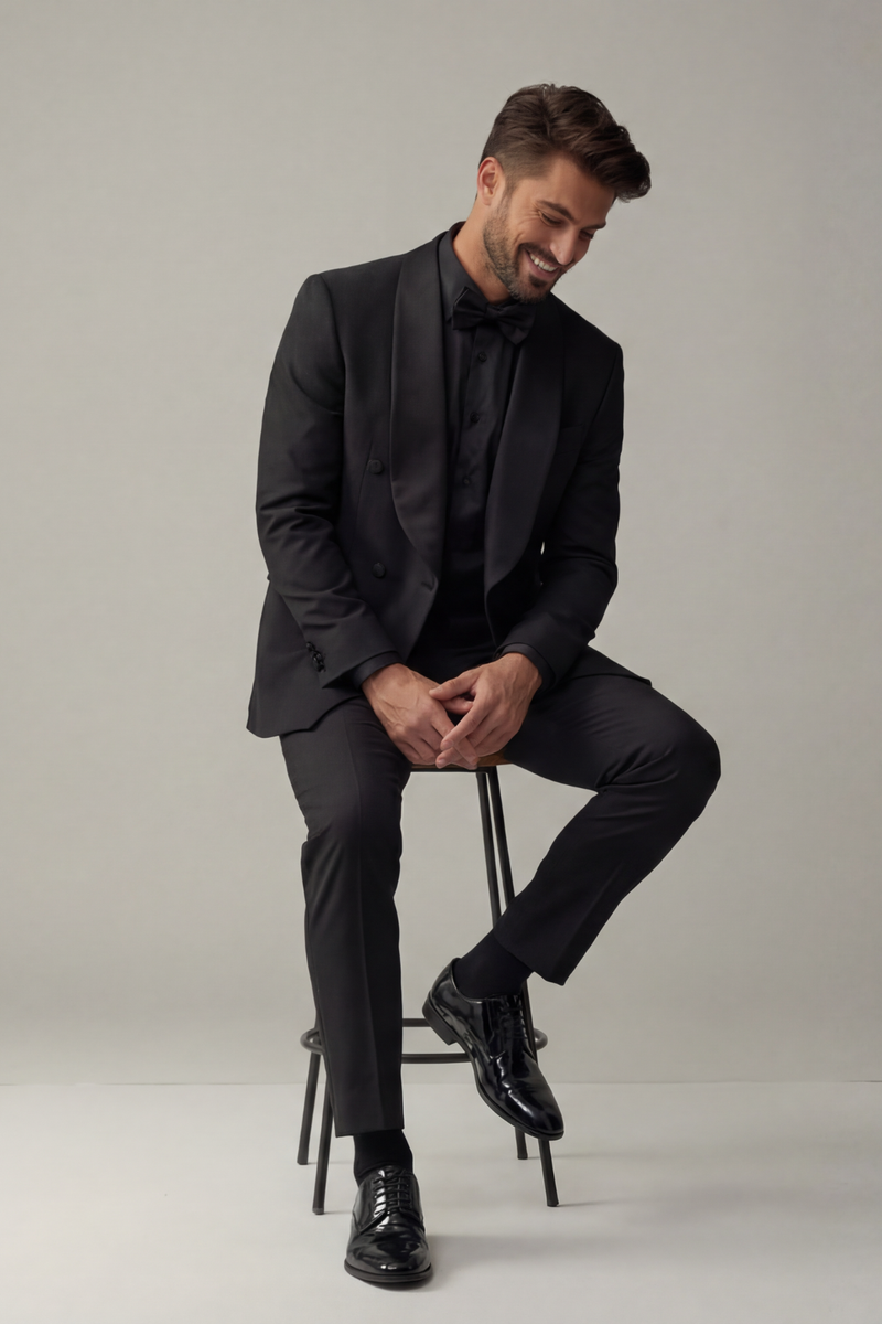 Men’s All-Black Tuxedo Suit – Slim Fit Satin Lapel Formal Evening Wear