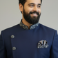 Men’s Navy Blue Self-Textured Indo Western Sherwani Set with Designer Collar & Asymmetric Button Detail