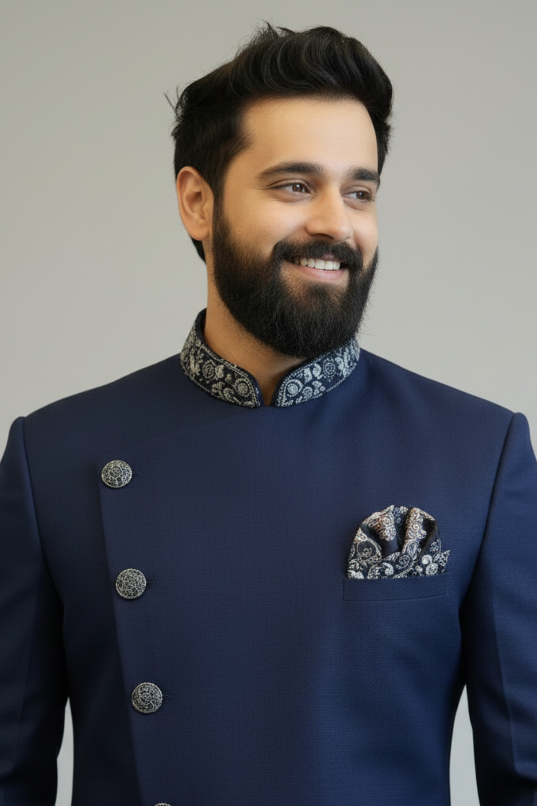 Men’s Navy Blue Self-Textured Indo Western Sherwani Set with Designer Collar & Asymmetric Button Detail