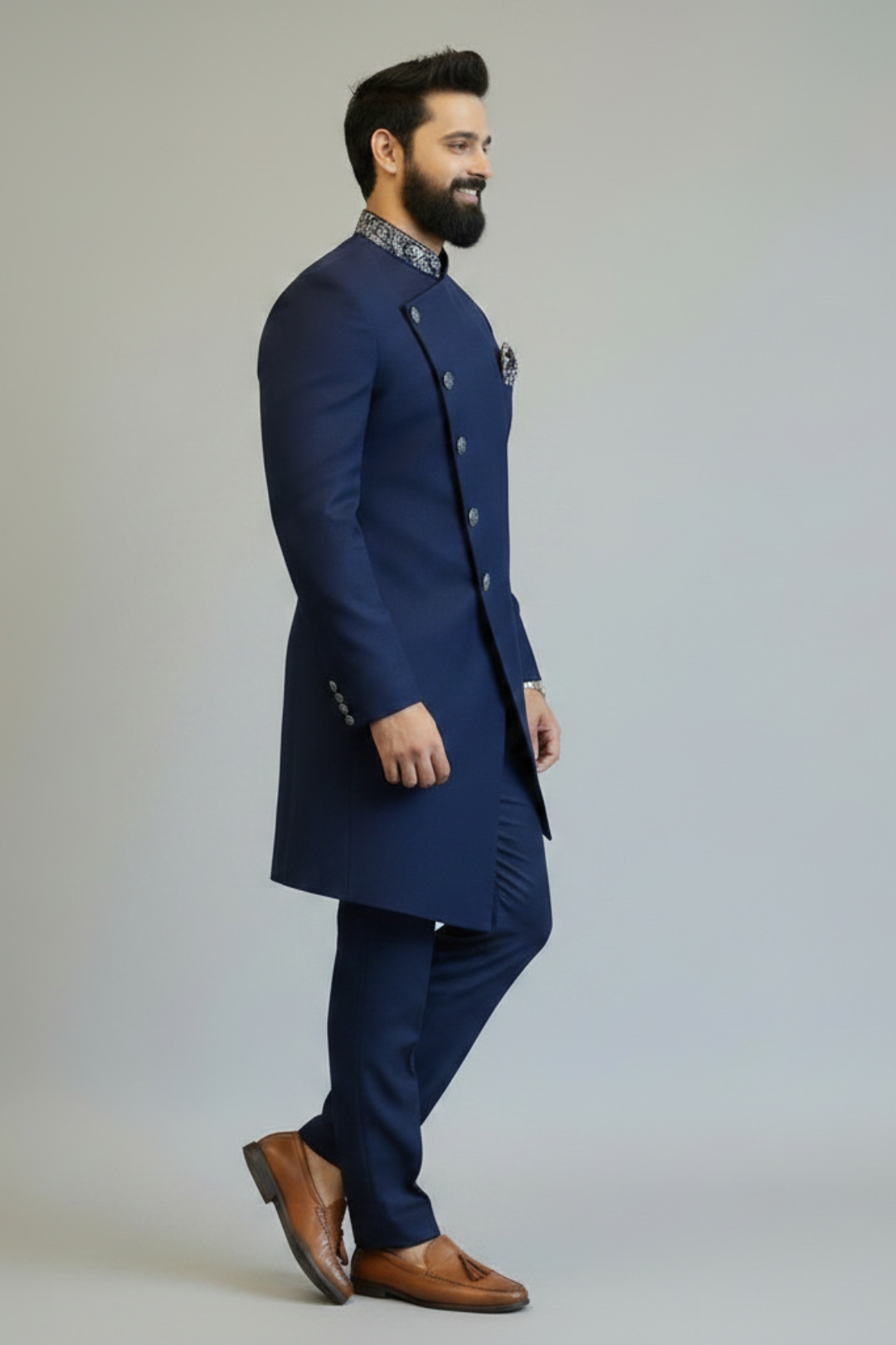 Men’s Navy Blue Self-Textured Indo Western Sherwani Set with Designer Collar & Asymmetric Button Detail