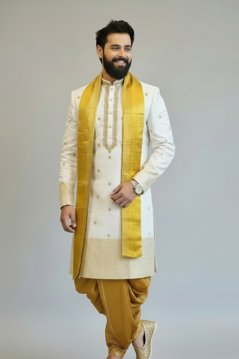 White Embroidered Kurta for Men with Gold Zari Detailing – Elegant Wedding & Festive Ethnic Wear