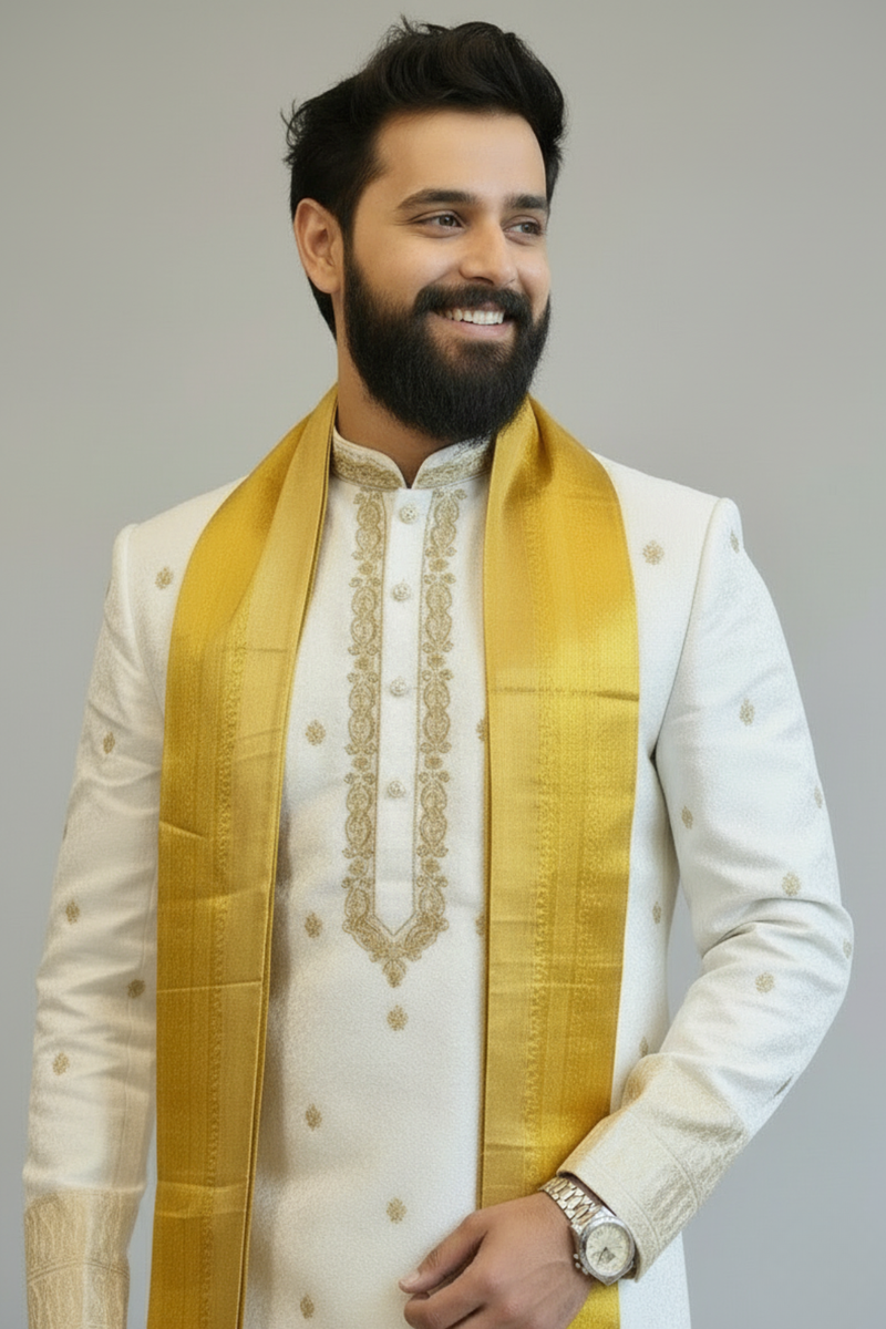 White Embroidered Kurta for Men with Gold Zari Detailing – Elegant Wedding & Festive Ethnic Wear