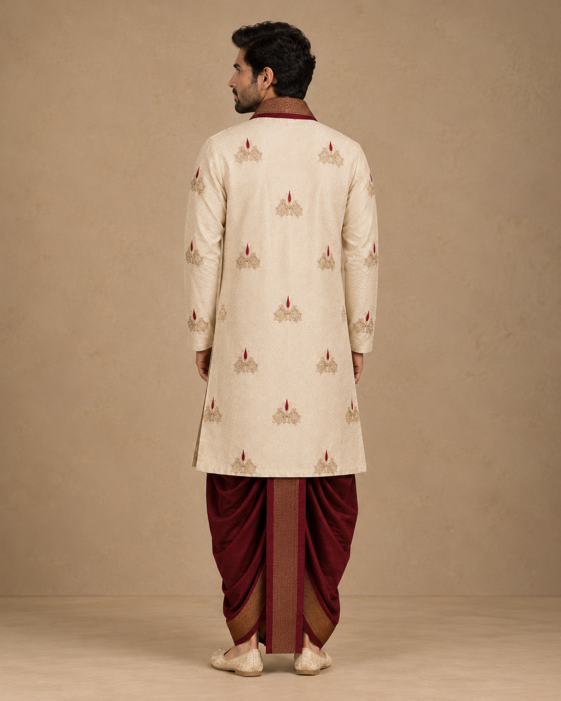 Royal Ivory & Maroon Embroidered Kurta Dhoti Set
