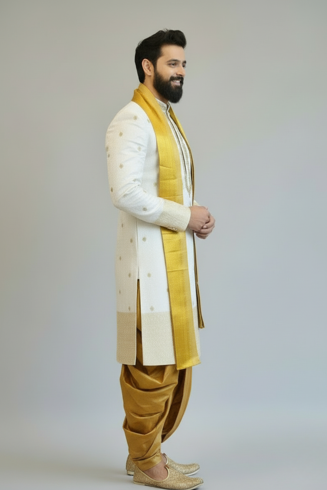 White Embroidered Kurta for Men with Gold Zari Detailing – Elegant Wedding & Festive Ethnic Wear