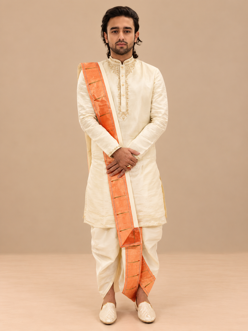 Light gold tissue Pattu Pancha set with Paithani border
