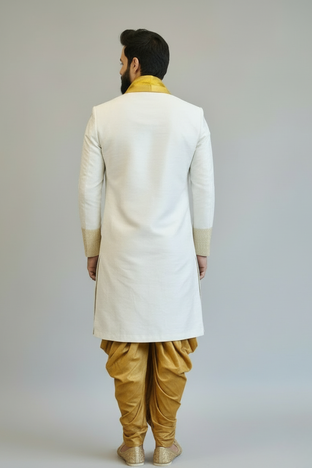 White Embroidered Kurta for Men with Gold Zari Detailing – Elegant Wedding & Festive Ethnic Wear