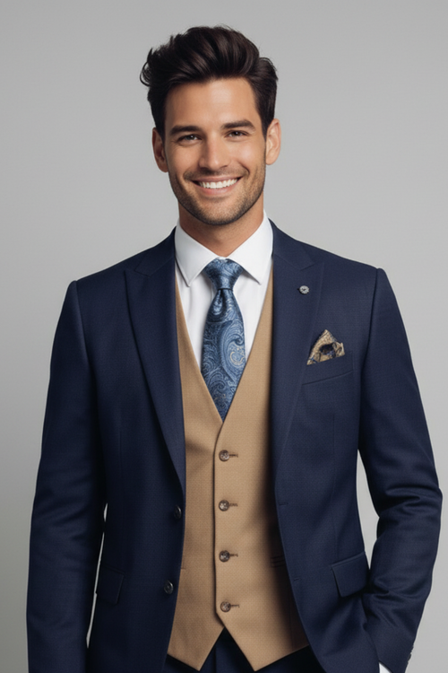 Man wearing a navy suit with a beige vest and blue tie on a gray background